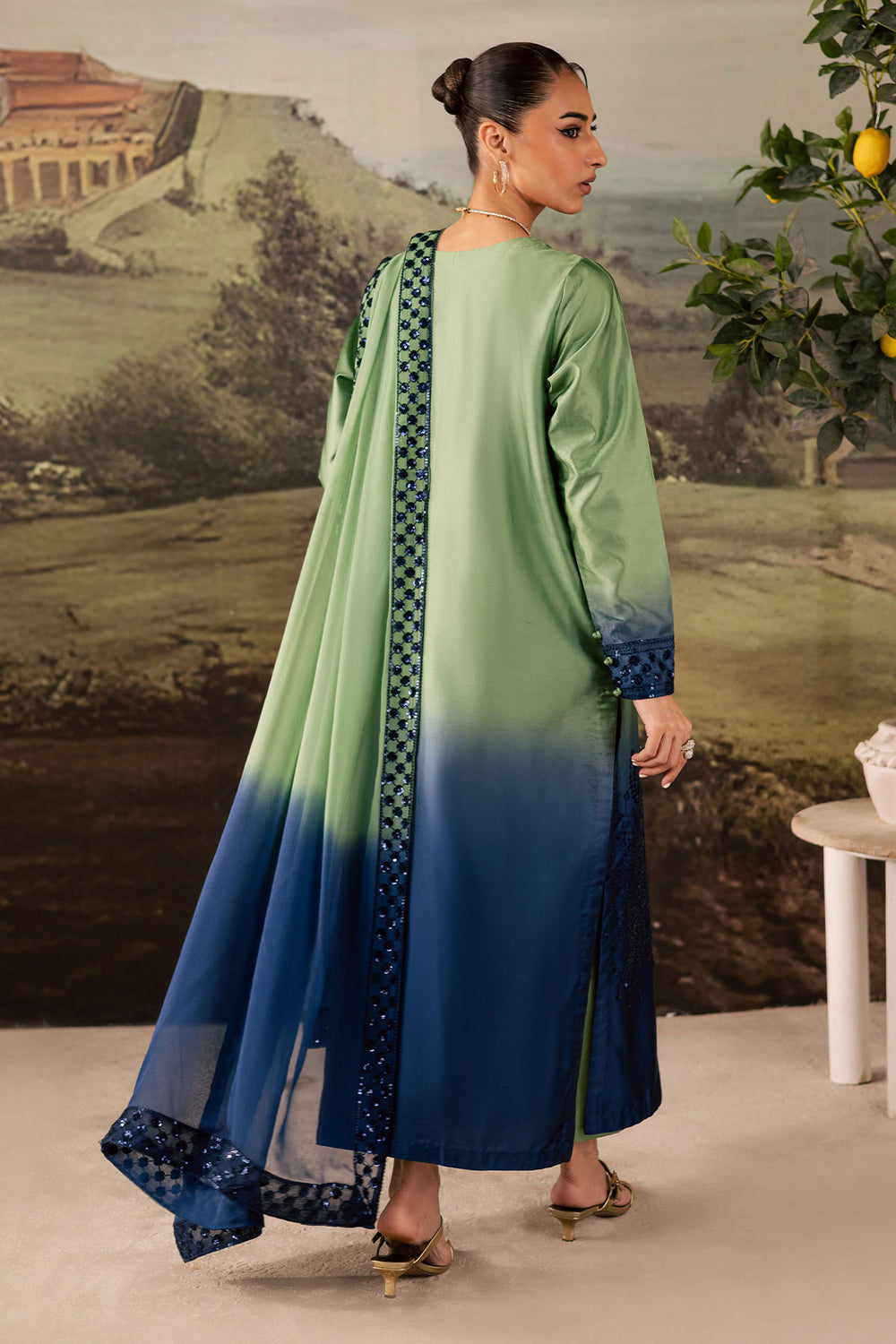 TIE & DIE BY NUREH | LUXURY INDIAN RAW SILK | FULLY HEAVY THREAD EMBROIDERED SEQUENCE WORK RAW SILK DRESS | UNSTITCHED 3-PIECE SUIT | NP-677