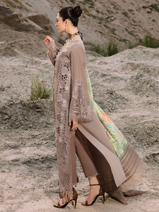 BIN ILYAS | LUXURY EMBROIDERED LAWN WITH HEAVY LAZER CUT WORK |UNSTITCHED 3-PIECE SUIT | BROWN WQ-24