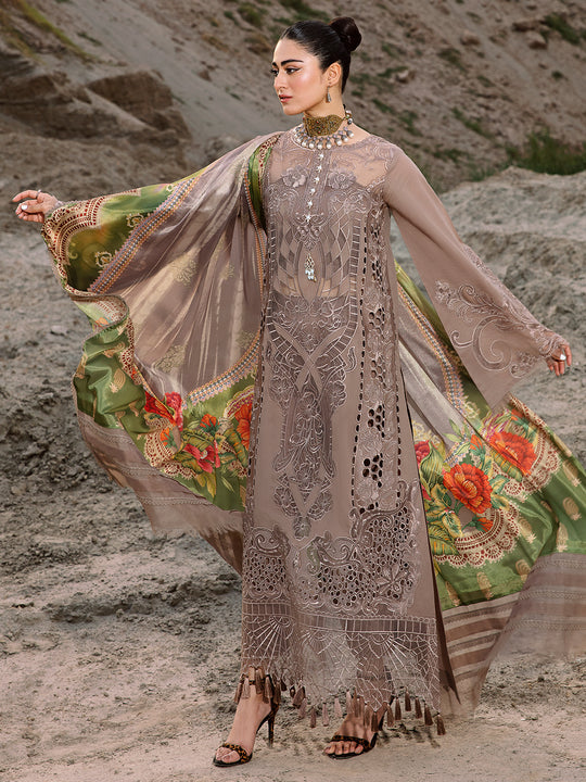 BIN ILYAS | LUXURY EMBROIDERED LAWN WITH HEAVY LAZER CUT WORK |UNSTITCHED 3-PIECE SUIT | BROWN WQ-24