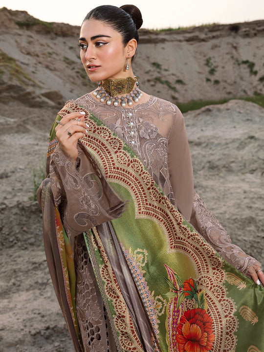 BIN ILYAS | LUXURY EMBROIDERED LAWN WITH HEAVY LAZER CUT WORK |UNSTITCHED 3-PIECE SUIT | BROWN WQ-24