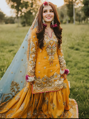 SHANZAYOUTFIT | HERE, WE HAVE SOME CUTE BRIDAL GHARARAS WHICH ARE WORN FOR THE MAYO AND MEHNDI CEREMONY | PREMIUM HAND EMBELLISHMENT EMBROIDERED ORGANZA SHIRT | UNSTITCHED 3-PIECE GHARARA
