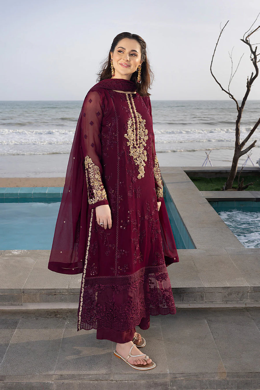 AZURE MAROON EMBROIDERED CHIFFON COLLECTION UNSTITCHED 3 PIECE SEQUINCE EMBROIDERED CHIFFON CARNELIAN