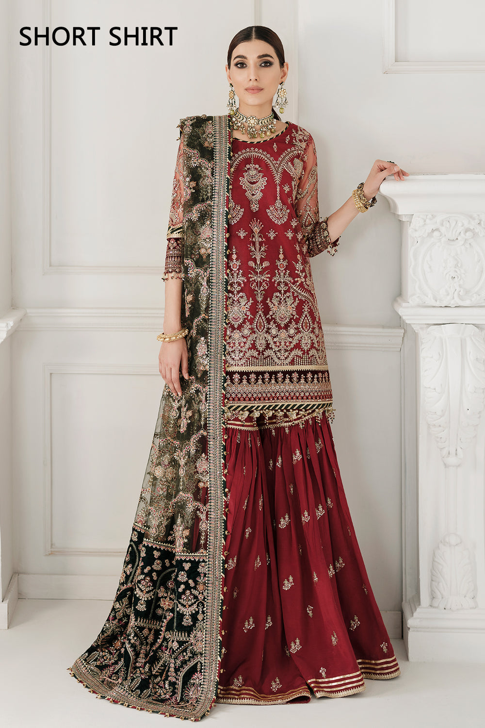 BAROQUE | ELEGANTLY WEAR | FULLY HEAVY MULTI THREAD EMBROIDERED WORK WITH HANGING TASSELS WORK NET SHIRT | UNSTITCHED 3-PIECE SUIT | CH10-07