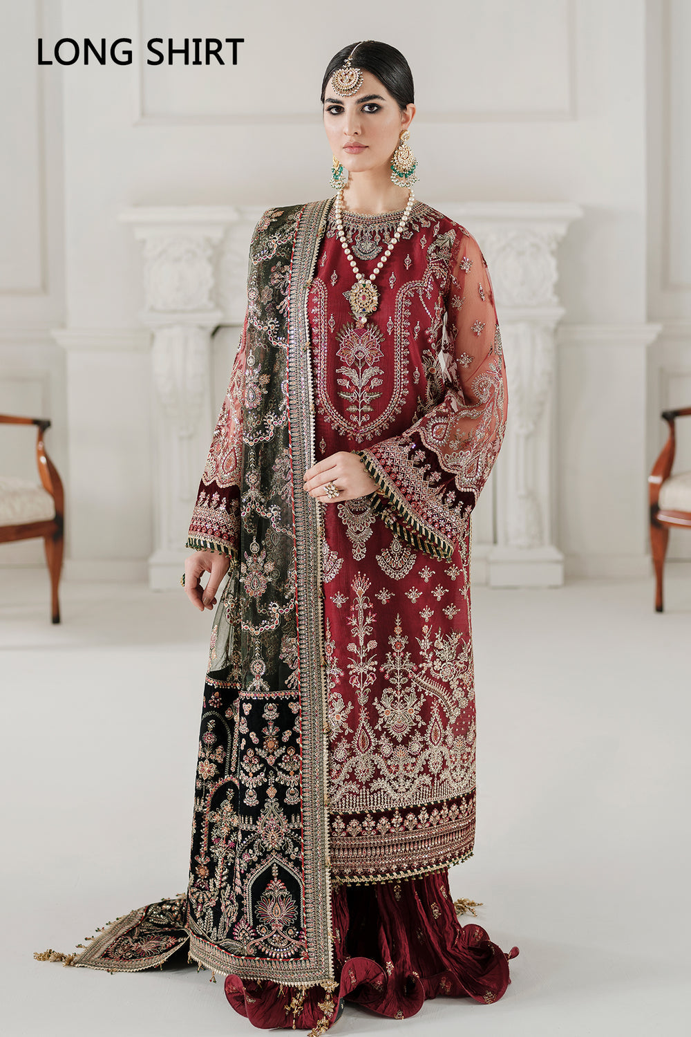 BAROQUE | ELEGANTLY WEAR | FULLY HEAVY MULTI THREAD EMBROIDERED WORK WITH HANGING TASSELS WORK NET SHIRT | UNSTITCHED 3-PIECE SUIT | CH10-07