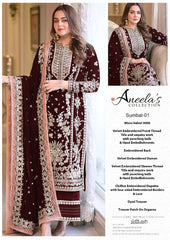 ANEELAS | EXQUISITELY VELVET EMBROIDERED SHIRT | FULLY HEAVY HAND EMBELLISHMENT EMBROIDERED MULTI SEQUENCE WORK WITH HEAVY BANCH MOTI WORK & CRYSTAL WORK | UNSTITCHED 3-PIECE SUIT | MAROON