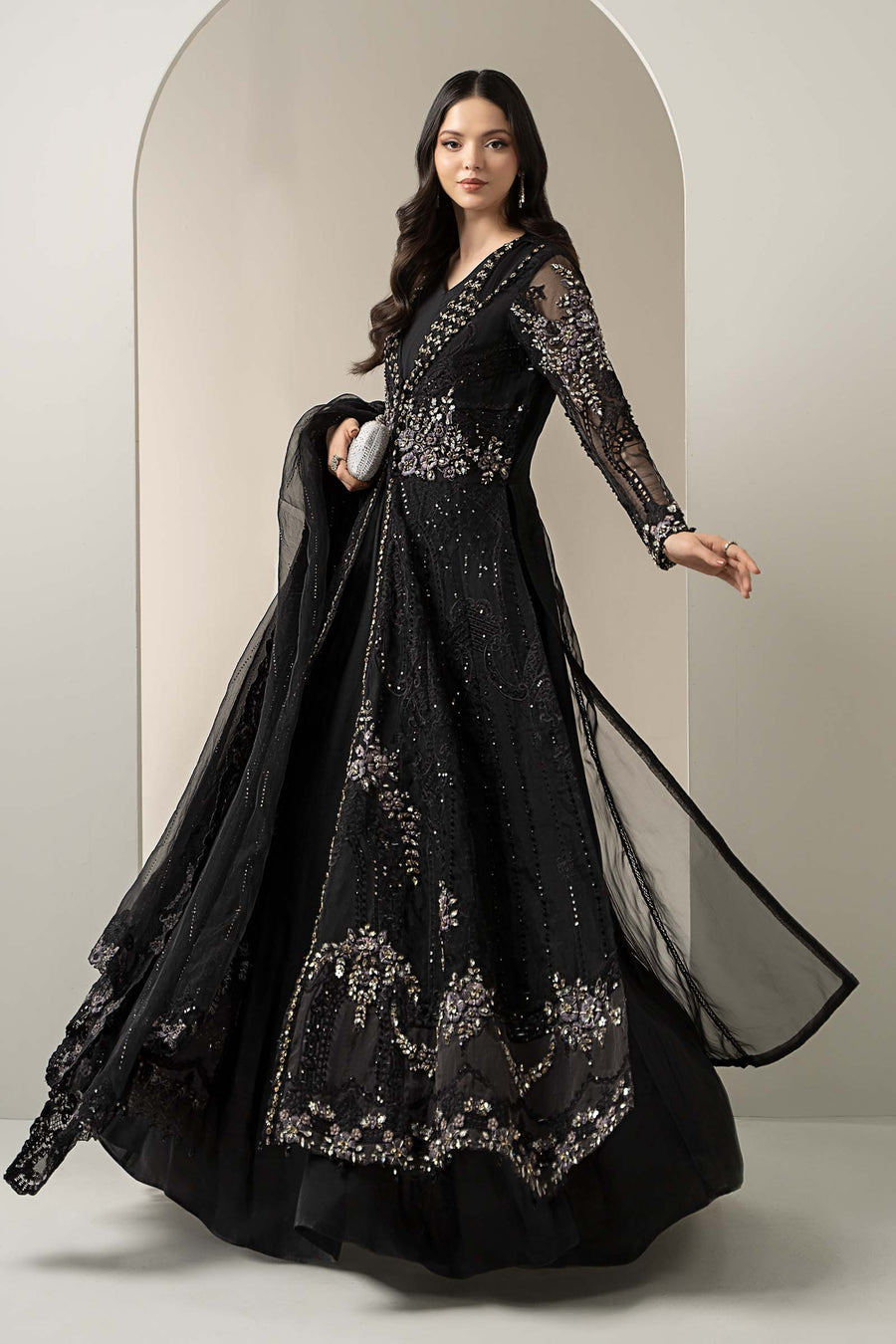 MARIA B | EXCLUSIVE WEAR | PREMIUM HAND EMBELLISHMENTE EMBROIDERED NET MAXI | UNSTITCHED 3-PIECE SUIT | BDS-3004 | BLACKY