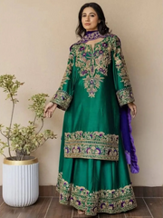 ON THE OCCASION OF SPECIAL MEHNDI AND MAYO | ELEGANTLY FULLY HEAVY HAND EMBELLISHMENT EMBROIDERED INDIAN RAW SILK DRESS | UNSTITCHED 3-PIECE SUIT