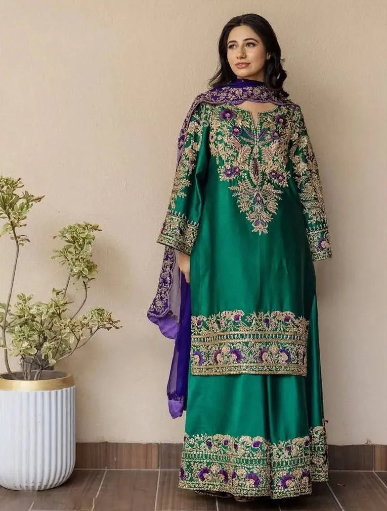 ON THE OCCASION OF SPECIAL MEHNDI AND MAYO | ELEGANTLY FULLY HEAVY HAND EMBELLISHMENT EMBROIDERED INDIAN RAW SILK DRESS | UNSTITCHED 3-PIECE SUIT