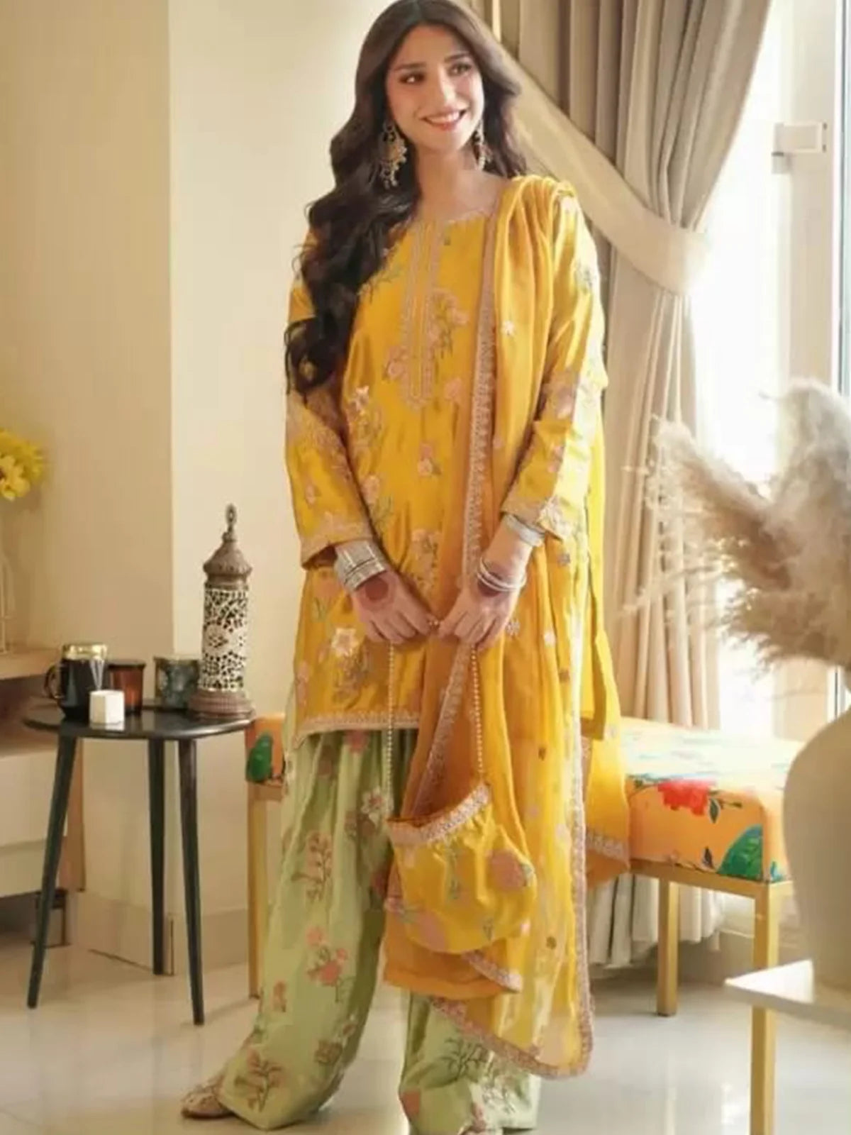 RAMSHA KHAN | LUXURY SILK DRESS | HEAVY MULTI THREAD EMBROIDERED SEQUENCE WORK WITH HANGING TASSELS WORK | UNSTITCHED 3-PIECE SUIT | MEHENDI & MAYO COLLECTION