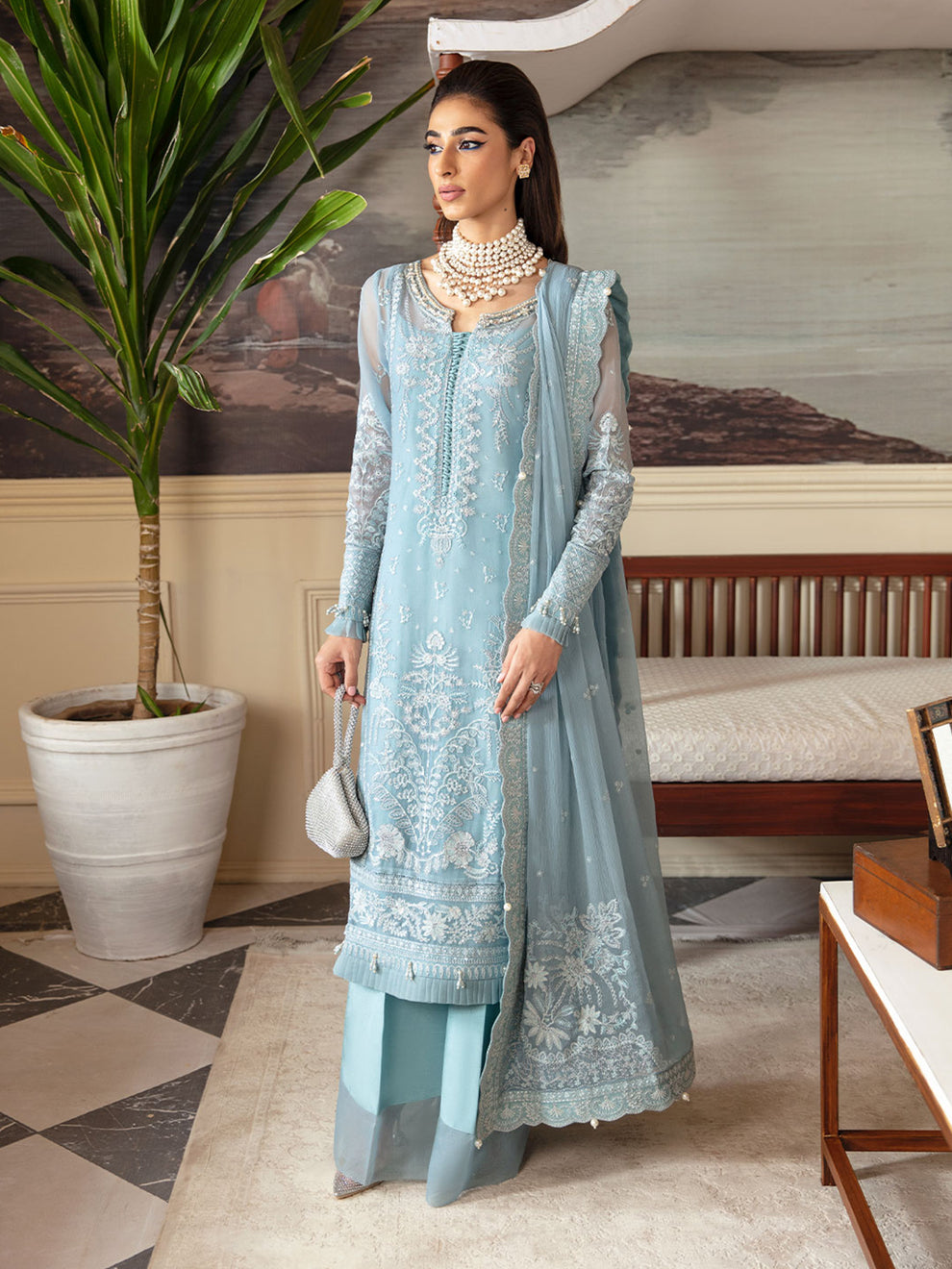 CALYPSO BY GULAAL | EXQUISITELY ORGANZA EMBROIDERED DRESS | LUXURY FULLY HEAVY HAND EMBELLISHMENT EMBROIDERED SEQUENCE WORK WITH HANGING TASSELS & HANGING PEARL'S WORK | UNSTITCHED 3-PIECE SUIT | GL-EC-23V1-05