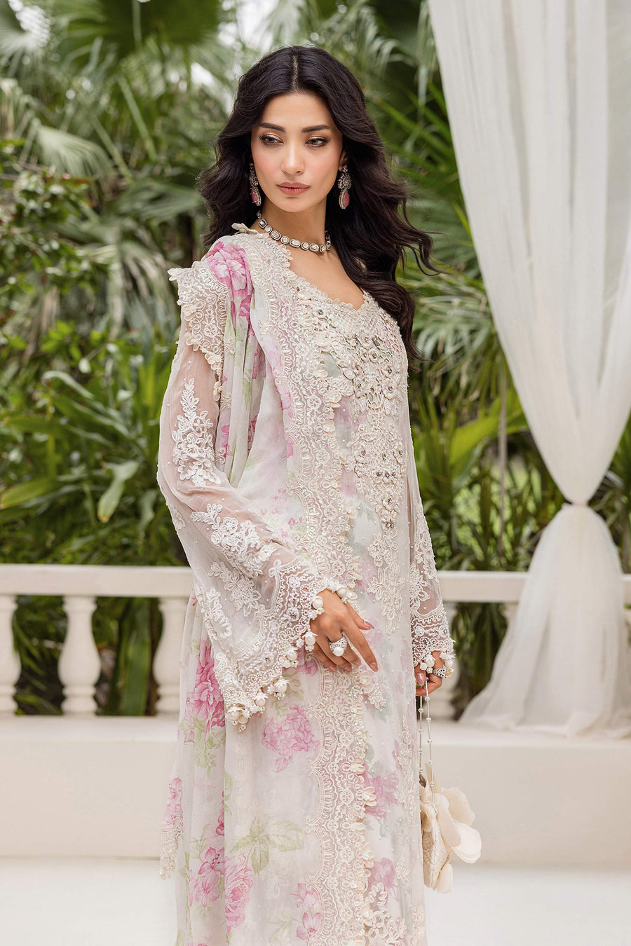 MARIA.B | EXCLUSIVE WEAR | FULLY HEAVY MULTI THREAD EMBROIDERED SEQUENCE WORK WITH HANGING TASSELS, PEARL'S & STONE WORK CHIFFON DRESS | UNSTITCHED 3-PIECE SUIT | MPC-25-101