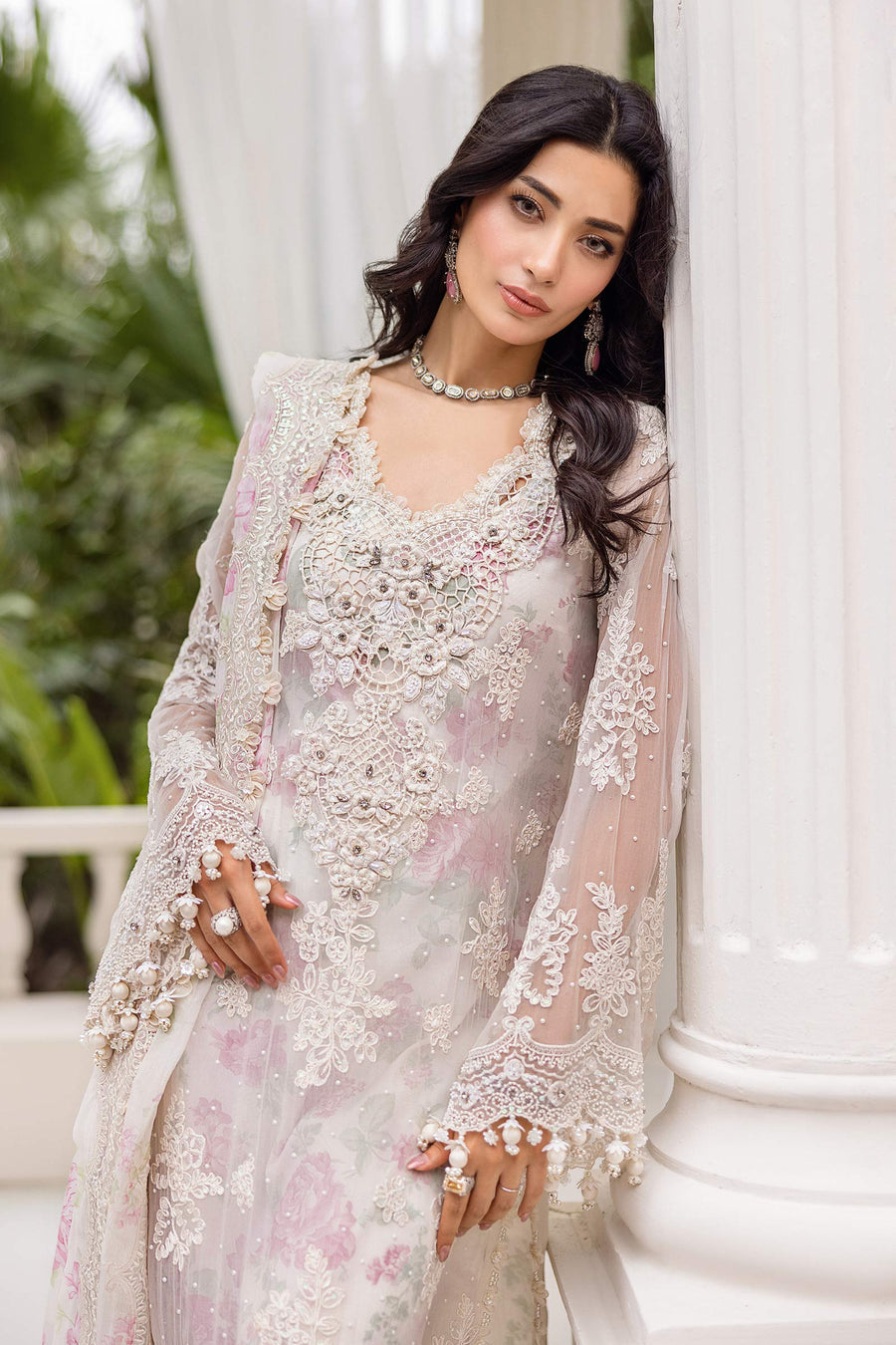 MARIA.B | EXCLUSIVE WEAR | FULLY HEAVY MULTI THREAD EMBROIDERED SEQUENCE WORK WITH HANGING TASSELS, PEARL'S & STONE WORK CHIFFON DRESS | UNSTITCHED 3-PIECE SUIT | MPC-25-101