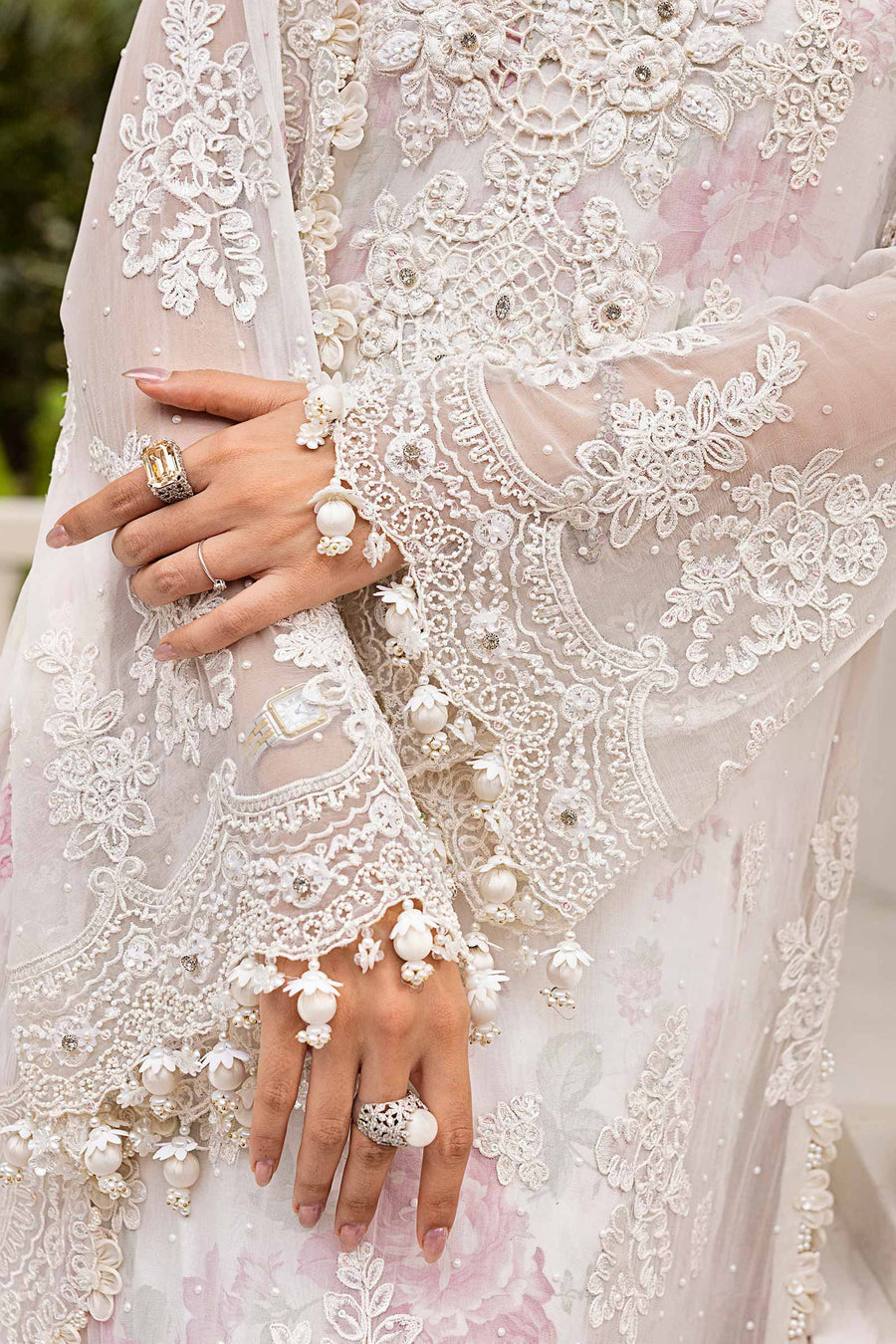 MARIA.B | EXCLUSIVE WEAR | FULLY HEAVY MULTI THREAD EMBROIDERED SEQUENCE WORK WITH HANGING TASSELS, PEARL'S & STONE WORK CHIFFON DRESS | UNSTITCHED 3-PIECE SUIT | MPC-25-101