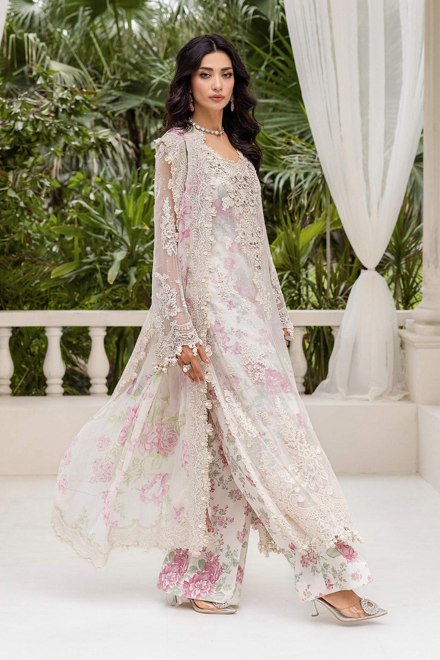 MARIA.B | EXCLUSIVE WEAR | FULLY HEAVY MULTI THREAD EMBROIDERED SEQUENCE WORK WITH HANGING TASSELS, PEARL'S & STONE WORK CHIFFON DRESS | UNSTITCHED 3-PIECE SUIT | MPC-25-101