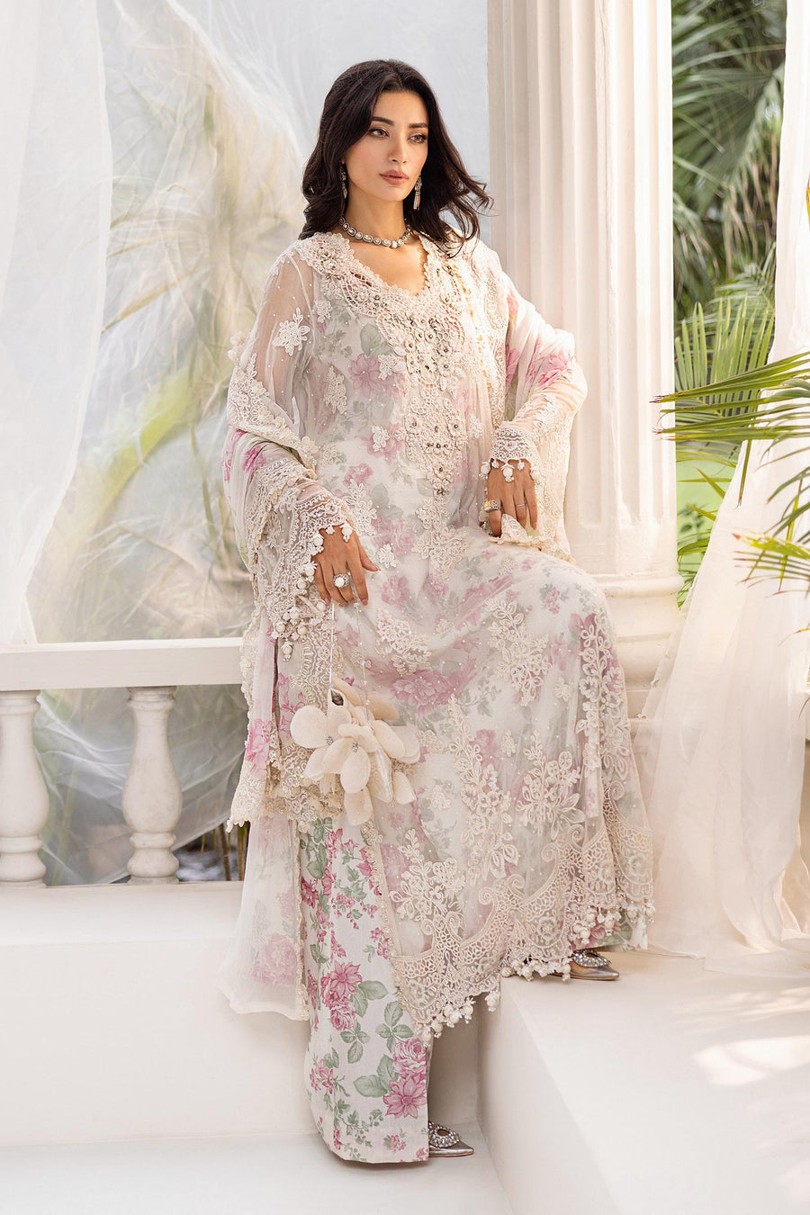 MARIA.B | EXCLUSIVE WEAR | FULLY HEAVY MULTI THREAD EMBROIDERED SEQUENCE WORK WITH HANGING TASSELS, PEARL'S & STONE WORK CHIFFON DRESS | UNSTITCHED 3-PIECE SUIT | MPC-25-101