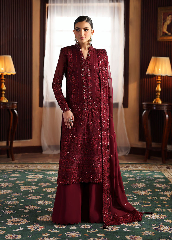 EVAYNA BY GULAAL | ELEGANTLY FULLY HEAVY THREAD EMBROIDERED SEQUENCE WORK WITH EMBROIDERED FLOWER BANCHES CHIFFON SHIRT | UNSTITCHED 3-PIECE SUIT | VEZEEN - GUL25EV | MAROON