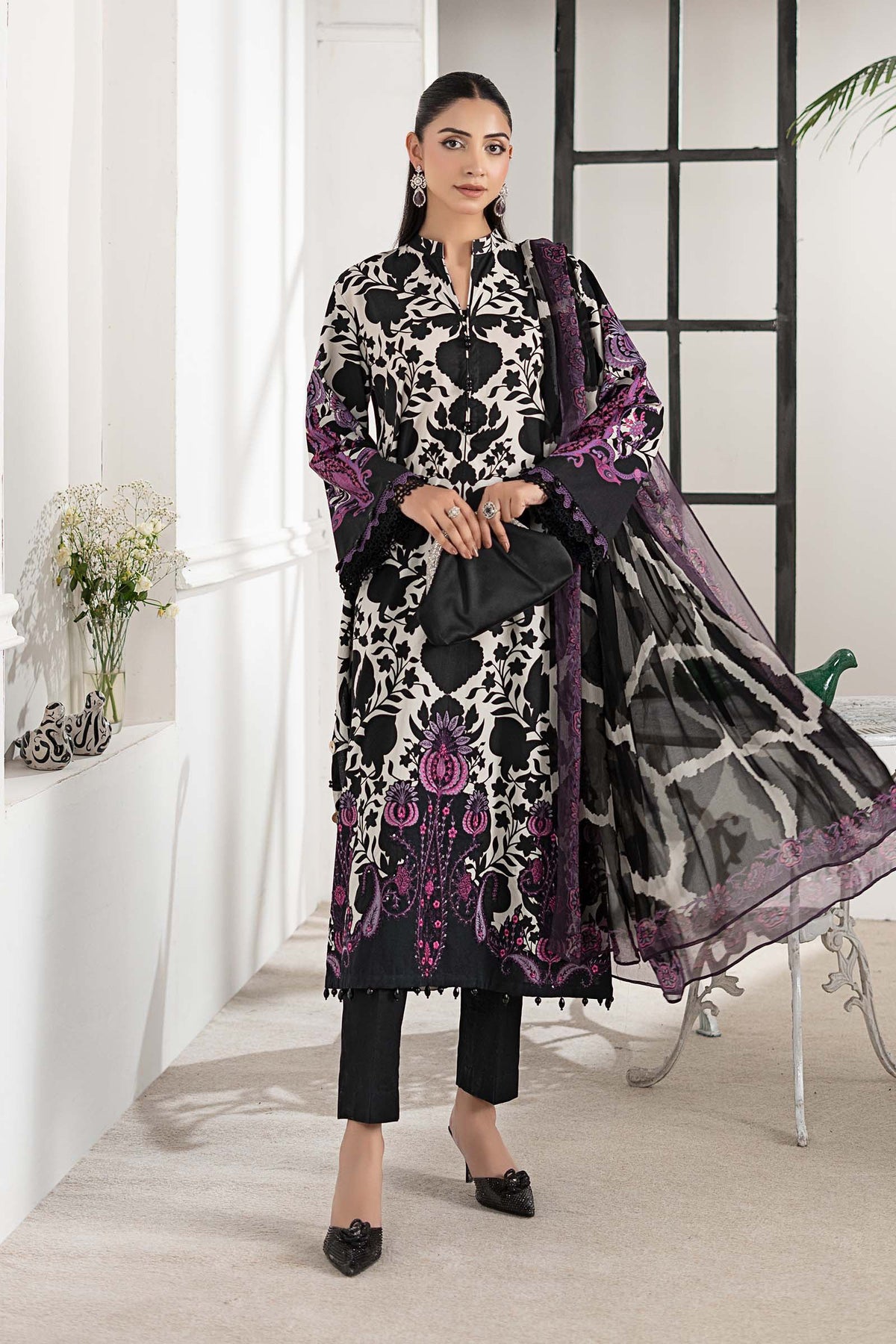 MARIA•B | ELEGANTLY DIGITAL PRINTED WITH HEAVY THREAD EMBROIDERED SEQUENCE WORK BREEZE LAWN | UNSTITCHED 3-PIECE SUIT | MPS-2704-B