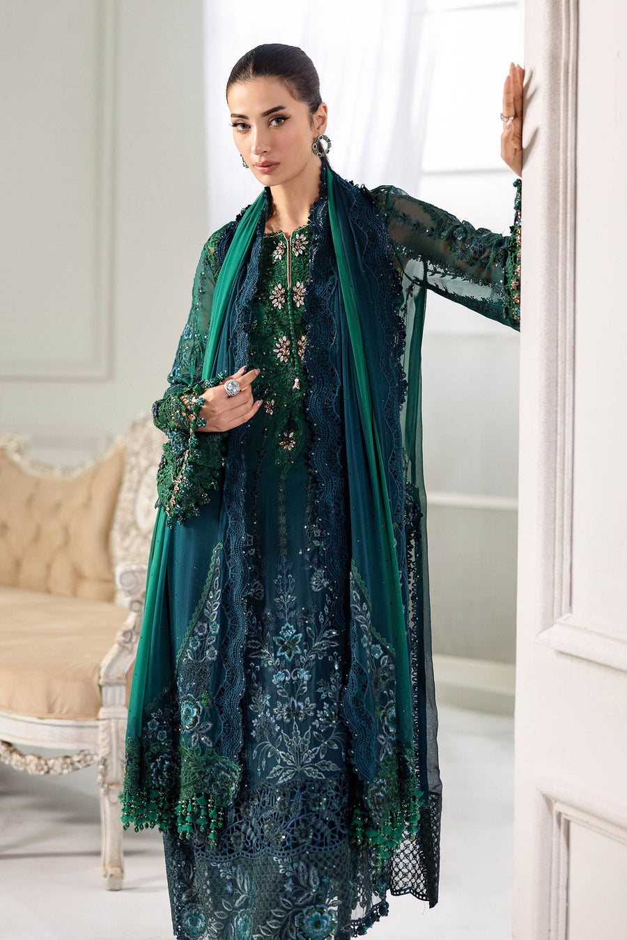 TWO TONE SHADES BY MARIA.B | EXCLUSIVE WEAR | FULLY HEAVY HAND EMBELLISHMENT EMBROIDERED SEQUENCE WORK WITH PEARL'S WORK, STONE WORK, MOTI WORK, CRYSTALS WORK & HANGING TASSELS WORK CHIFFON DRESS | UNSTITCHED 3-PIECE SUIT | MPC-25-106