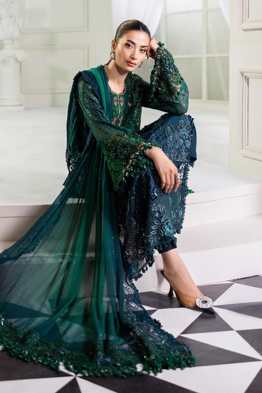 TWO TONE SHADES BY MARIA.B | EXCLUSIVE WEAR | FULLY HEAVY HAND EMBELLISHMENT EMBROIDERED SEQUENCE WORK WITH PEARL'S WORK, STONE WORK, MOTI WORK, CRYSTALS WORK & HANGING TASSELS WORK CHIFFON DRESS | UNSTITCHED 3-PIECE SUIT | MPC-25-106