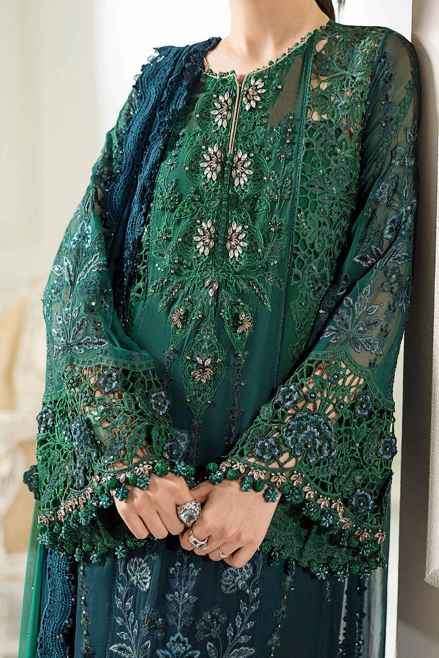 TWO TONE SHADES BY MARIA.B | EXCLUSIVE WEAR | FULLY HEAVY HAND EMBELLISHMENT EMBROIDERED SEQUENCE WORK WITH PEARL'S WORK, STONE WORK, MOTI WORK, CRYSTALS WORK & HANGING TASSELS WORK CHIFFON DRESS | UNSTITCHED 3-PIECE SUIT | MPC-25-106