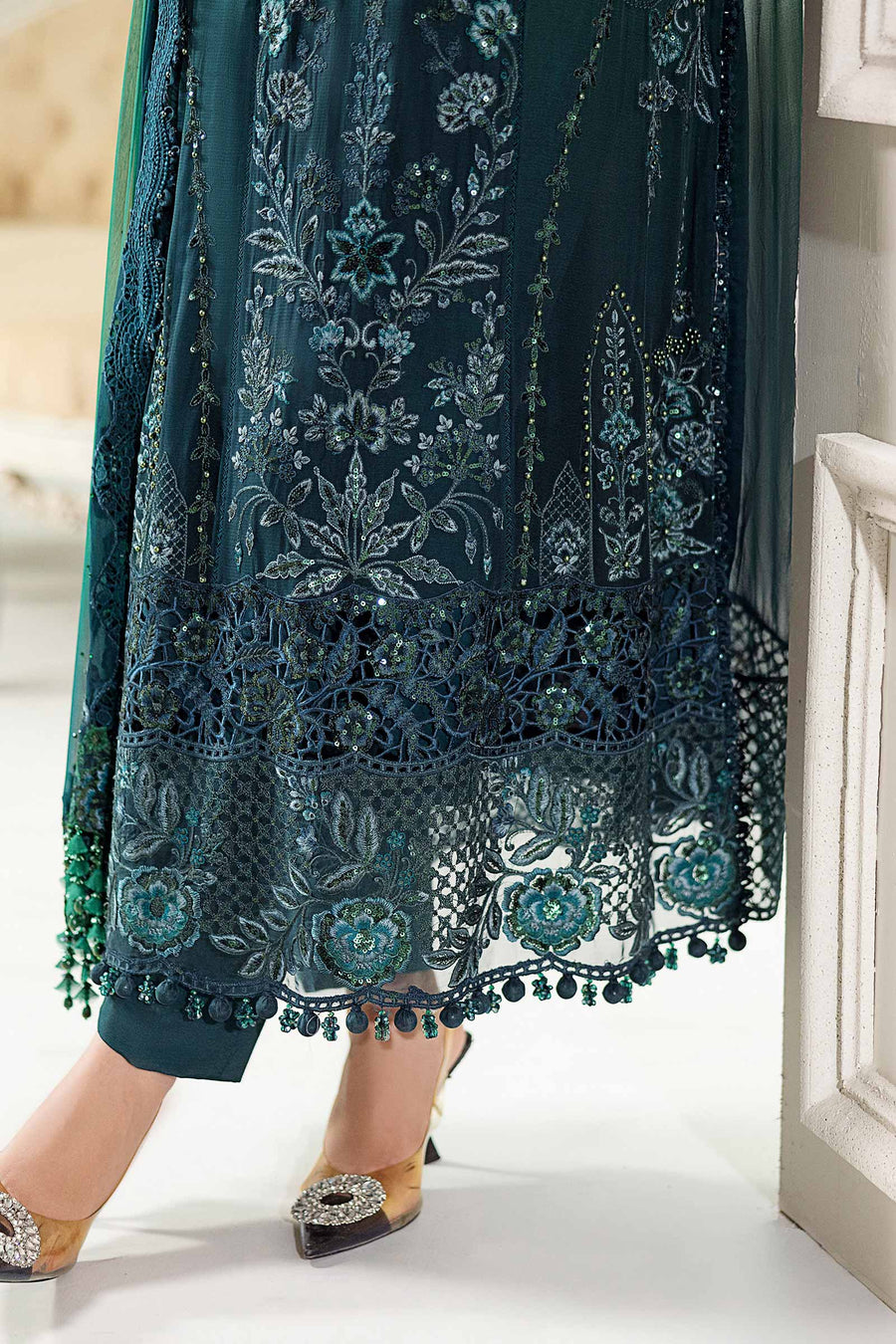 TWO TONE SHADES BY MARIA.B | EXCLUSIVE WEAR | FULLY HEAVY HAND EMBELLISHMENT EMBROIDERED SEQUENCE WORK WITH PEARL'S WORK, STONE WORK, MOTI WORK, CRYSTALS WORK & HANGING TASSELS WORK CHIFFON DRESS | UNSTITCHED 3-PIECE SUIT | MPC-25-106