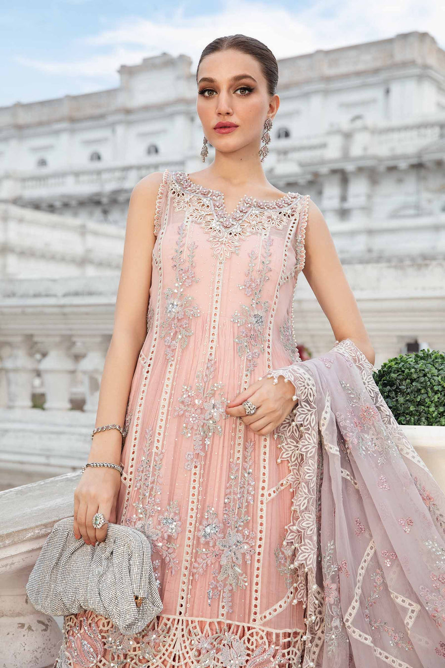 MARIA.B | EXCLUSIVE WEAR | FULLY HEAVY MULTI THREAD EMBROIDERED SEQUENCE WORK WITH HANGING TASSELS, PEARL'S & STONE WORK CHIFFON DRESS | UNSTITCHED 3-PIECE SUIT | MPC-24-106