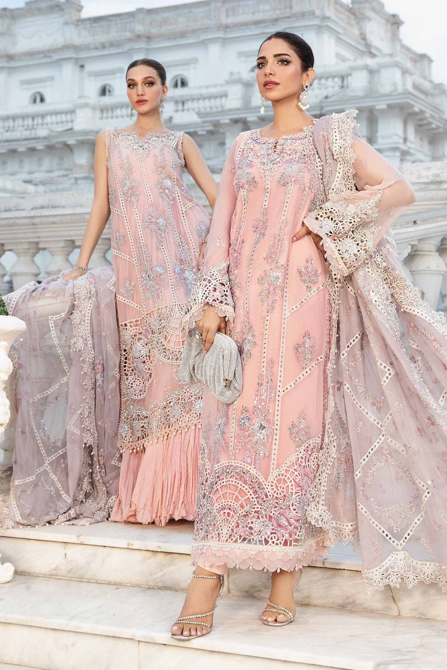 MARIA.B | EXCLUSIVE WEAR | FULLY HEAVY MULTI THREAD EMBROIDERED SEQUENCE WORK WITH HANGING TASSELS, PEARL'S & STONE WORK CHIFFON DRESS | UNSTITCHED 3-PIECE SUIT | MPC-24-106