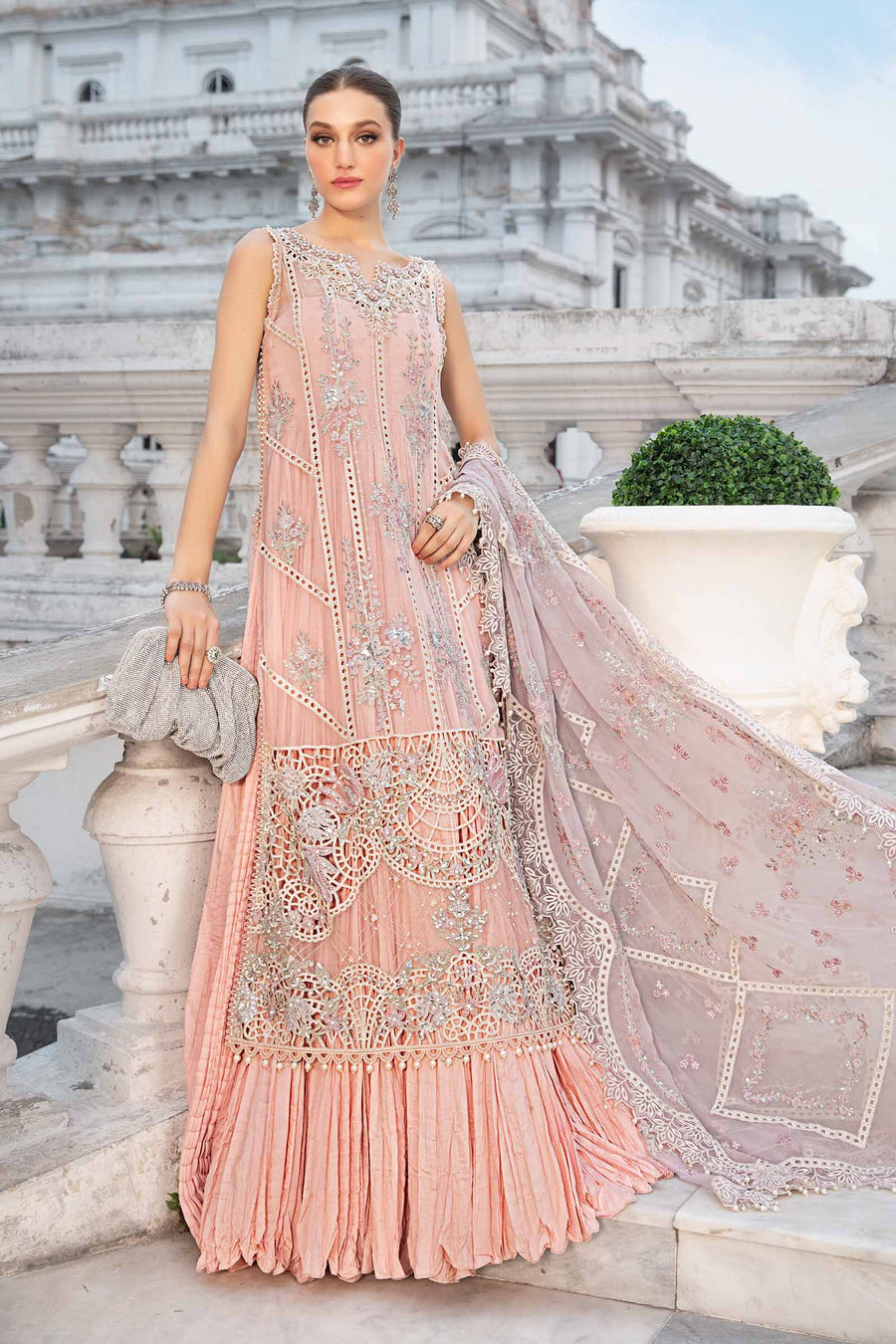 MARIA.B | EXCLUSIVE WEAR | FULLY HEAVY MULTI THREAD EMBROIDERED SEQUENCE WORK WITH HANGING TASSELS, PEARL'S & STONE WORK CHIFFON DRESS | UNSTITCHED 3-PIECE SUIT | MPC-24-106