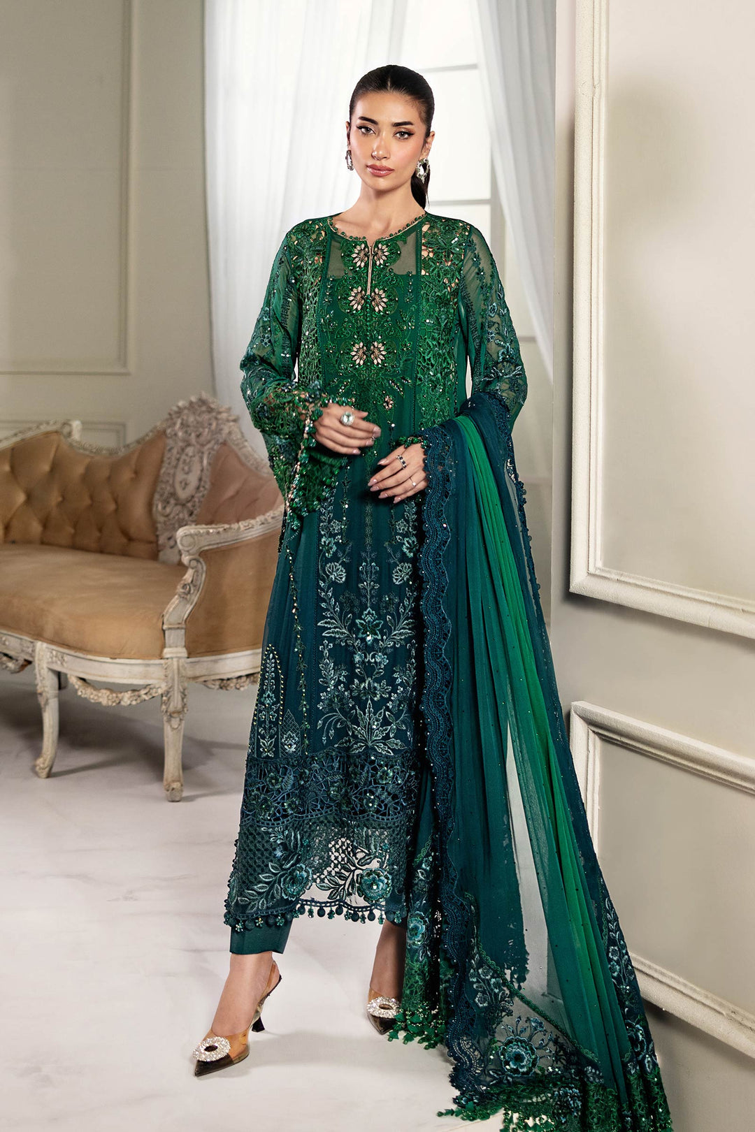 TWO TONE SHADES BY MARIA.B | EXCLUSIVE WEAR | FULLY HEAVY HAND EMBELLISHMENT EMBROIDERED SEQUENCE WORK WITH PEARL'S WORK, STONE WORK, MOTI WORK, CRYSTALS WORK & HANGING TASSELS WORK CHIFFON DRESS | UNSTITCHED 3-PIECE SUIT | MPC-25-106