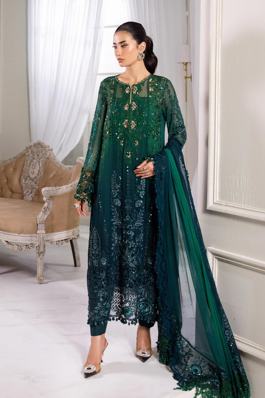 TWO TONE SHADES BY MARIA.B | EXCLUSIVE WEAR | FULLY HEAVY HAND EMBELLISHMENT EMBROIDERED SEQUENCE WORK WITH PEARL'S WORK, STONE WORK, MOTI WORK, CRYSTALS WORK & HANGING TASSELS WORK CHIFFON DRESS | UNSTITCHED 3-PIECE SUIT | MPC-25-106