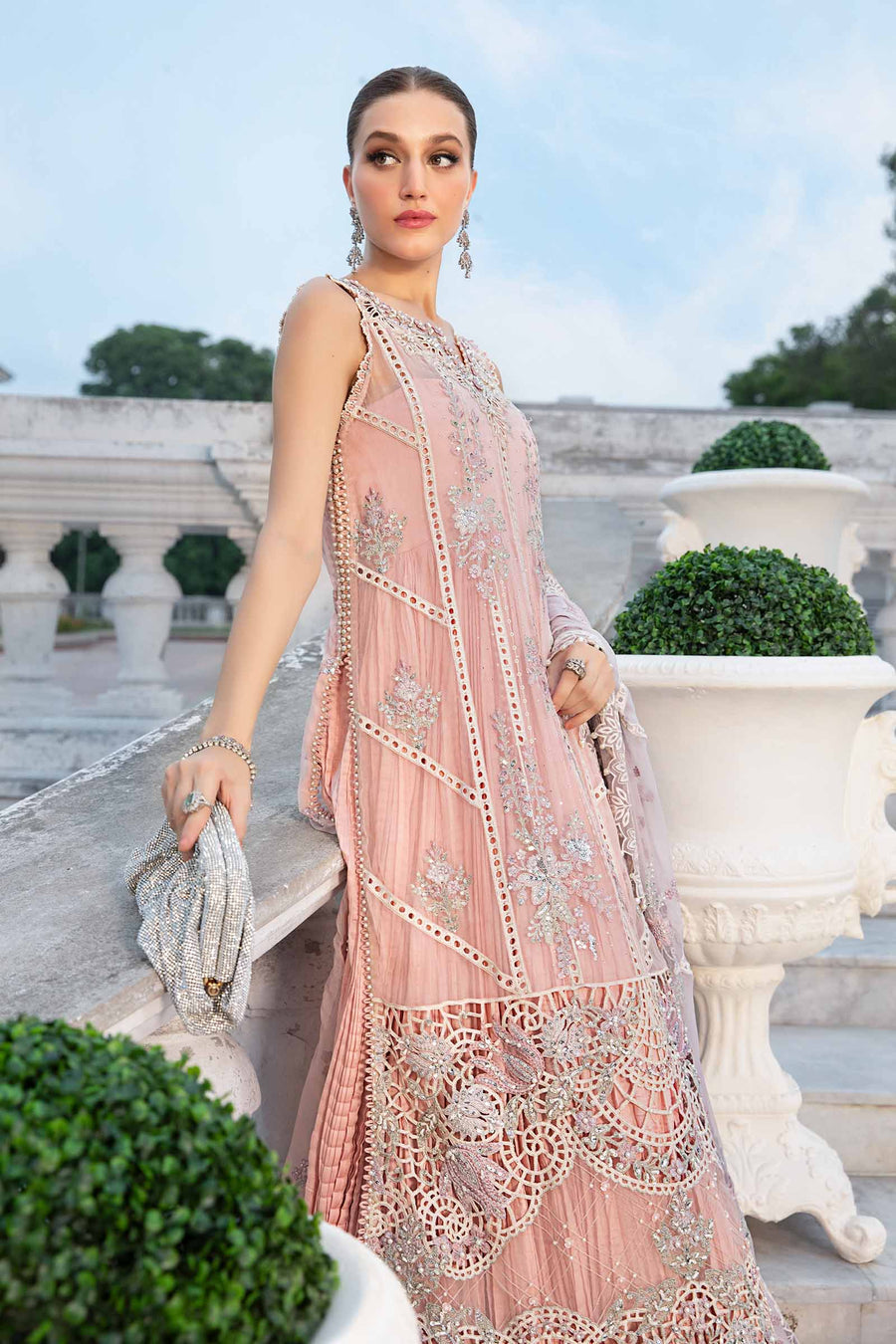 MARIA.B | EXCLUSIVE WEAR | FULLY HEAVY MULTI THREAD EMBROIDERED SEQUENCE WORK WITH HANGING TASSELS, PEARL'S & STONE WORK CHIFFON DRESS | UNSTITCHED 3-PIECE SUIT | MPC-24-106