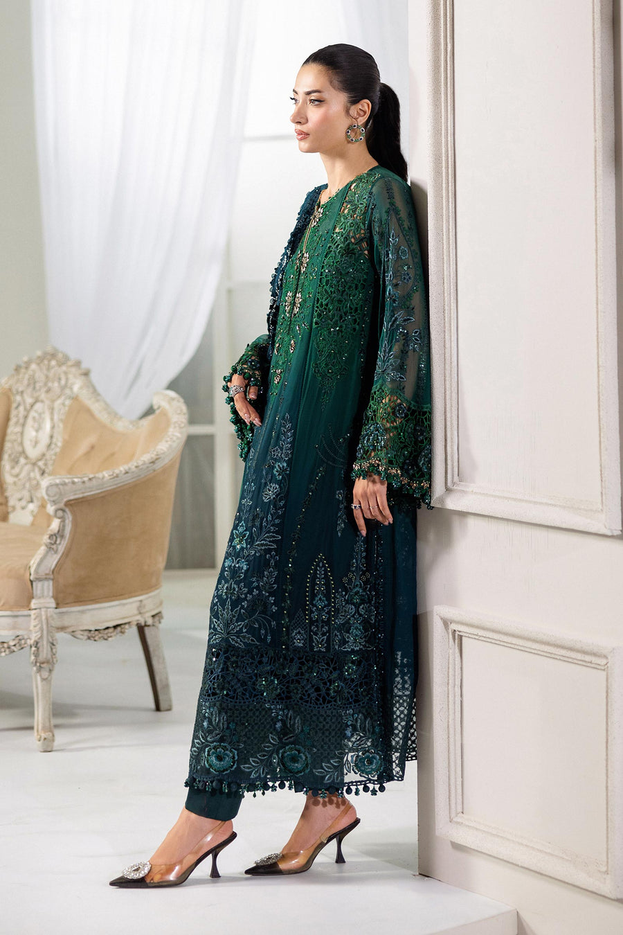 TWO TONE SHADES BY MARIA.B | EXCLUSIVE WEAR | FULLY HEAVY HAND EMBELLISHMENT EMBROIDERED SEQUENCE WORK WITH PEARL'S WORK, STONE WORK, MOTI WORK, CRYSTALS WORK & HANGING TASSELS WORK CHIFFON DRESS | UNSTITCHED 3-PIECE SUIT | MPC-25-106