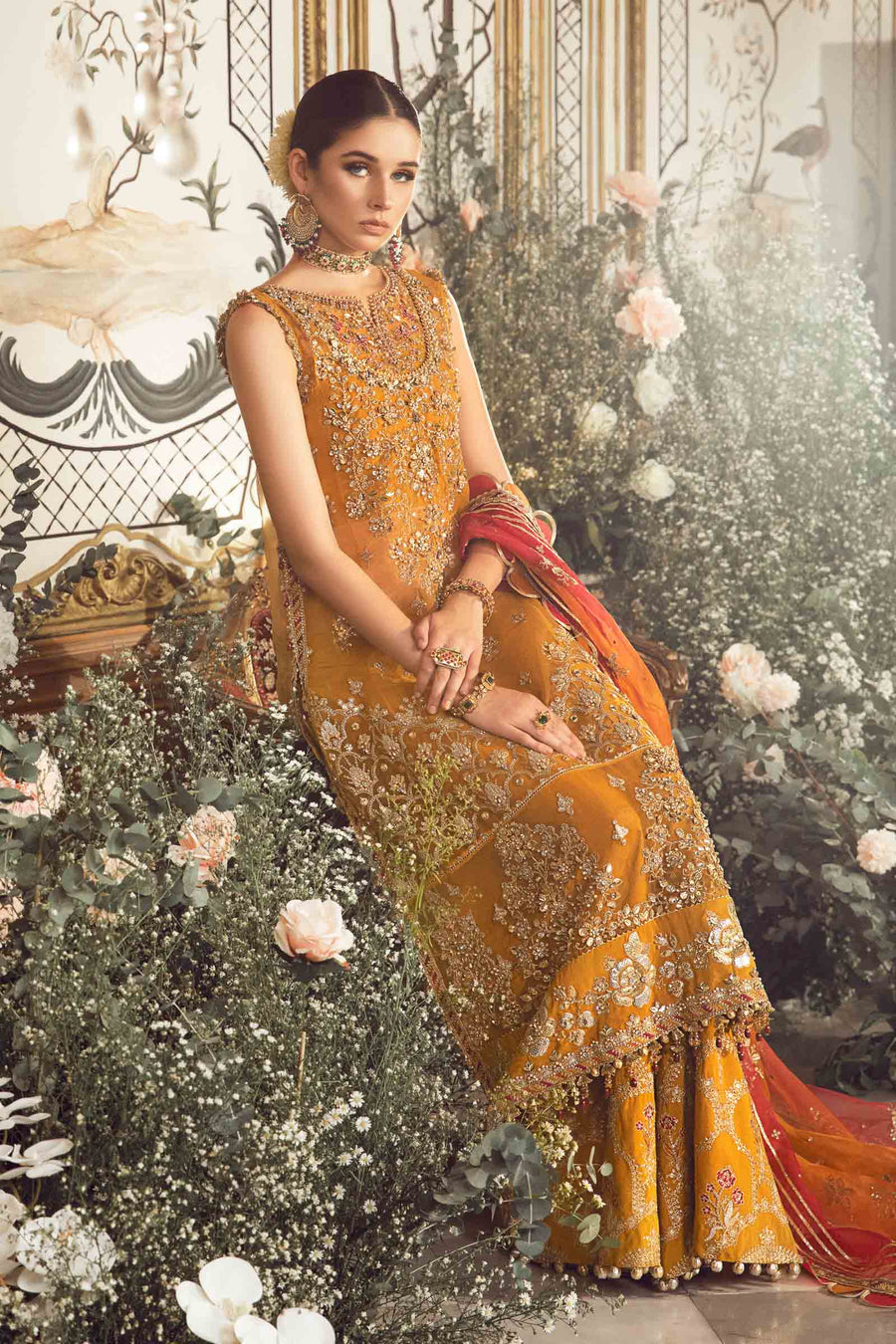 MARIA B | ELEGANTLY GHARARA  | EXCLUSIVE WEAR | PREMIUM HAND EMBELLISHMENT EMBROIDERED WORK | UNSTITCHED 3-PIECE GHARARA | BD-2707-MUSTARD