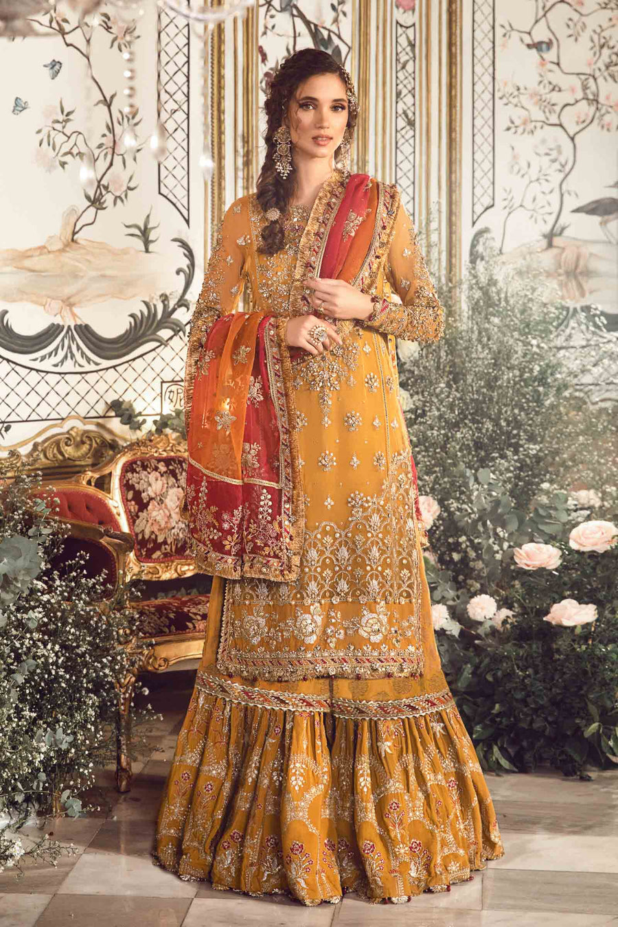 MARIA B | ELEGANTLY GHARARA  | EXCLUSIVE WEAR | PREMIUM HAND EMBELLISHMENT EMBROIDERED WORK | UNSTITCHED 3-PIECE GHARARA | BD-2707-MUSTARD
