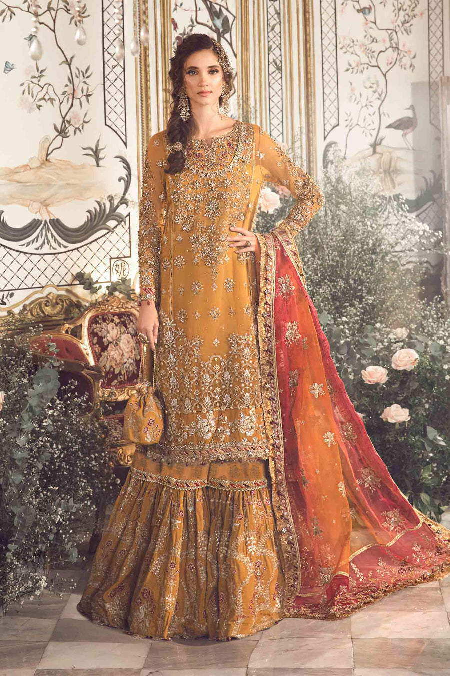 MARIA B | ELEGANTLY GHARARA  | EXCLUSIVE WEAR | PREMIUM HAND EMBELLISHMENT EMBROIDERED WORK | UNSTITCHED 3-PIECE GHARARA | BD-2707-MUSTARD