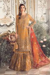 MARIA B | ELEGANTLY GHARARA  | EXCLUSIVE WEAR | PREMIUM HAND EMBELLISHMENT EMBROIDERED WORK | UNSTITCHED 3-PIECE GHARARA | BD-2707-MUSTARD