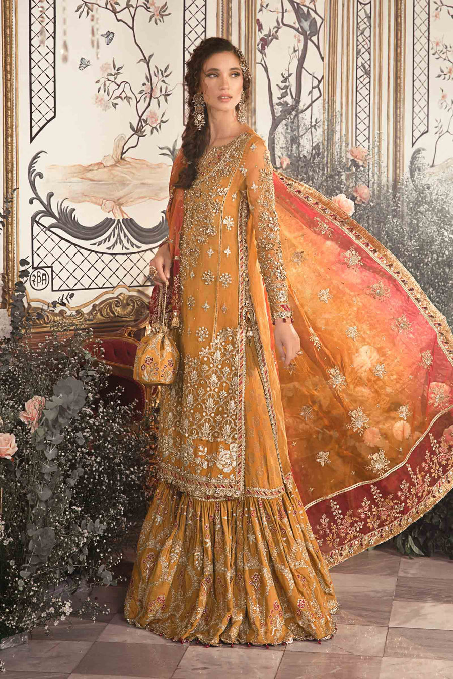 MARIA B | ELEGANTLY GHARARA  | EXCLUSIVE WEAR | PREMIUM HAND EMBELLISHMENT EMBROIDERED WORK | UNSTITCHED 3-PIECE GHARARA | BD-2707-MUSTARD
