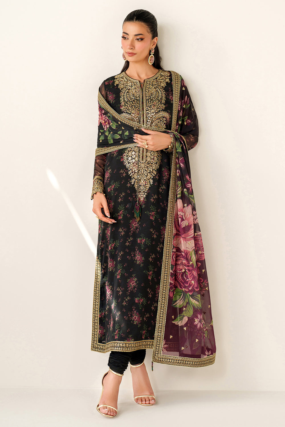 JAZMIN  | LUXURY MULTI DIGITAL PRINTED WITH HEAVY THREAD EMBROIDERED SEQUENCE WORK & HANGING TASSELS WORK CHIFFON DRESS | UNSTITCHED 3-PIECE SUIT | UC-3083