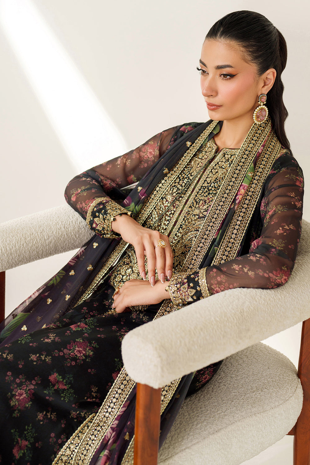 JAZMIN  | LUXURY MULTI DIGITAL PRINTED WITH HEAVY THREAD EMBROIDERED SEQUENCE WORK & HANGING TASSELS WORK CHIFFON DRESS | UNSTITCHED 3-PIECE SUIT | UC-3083