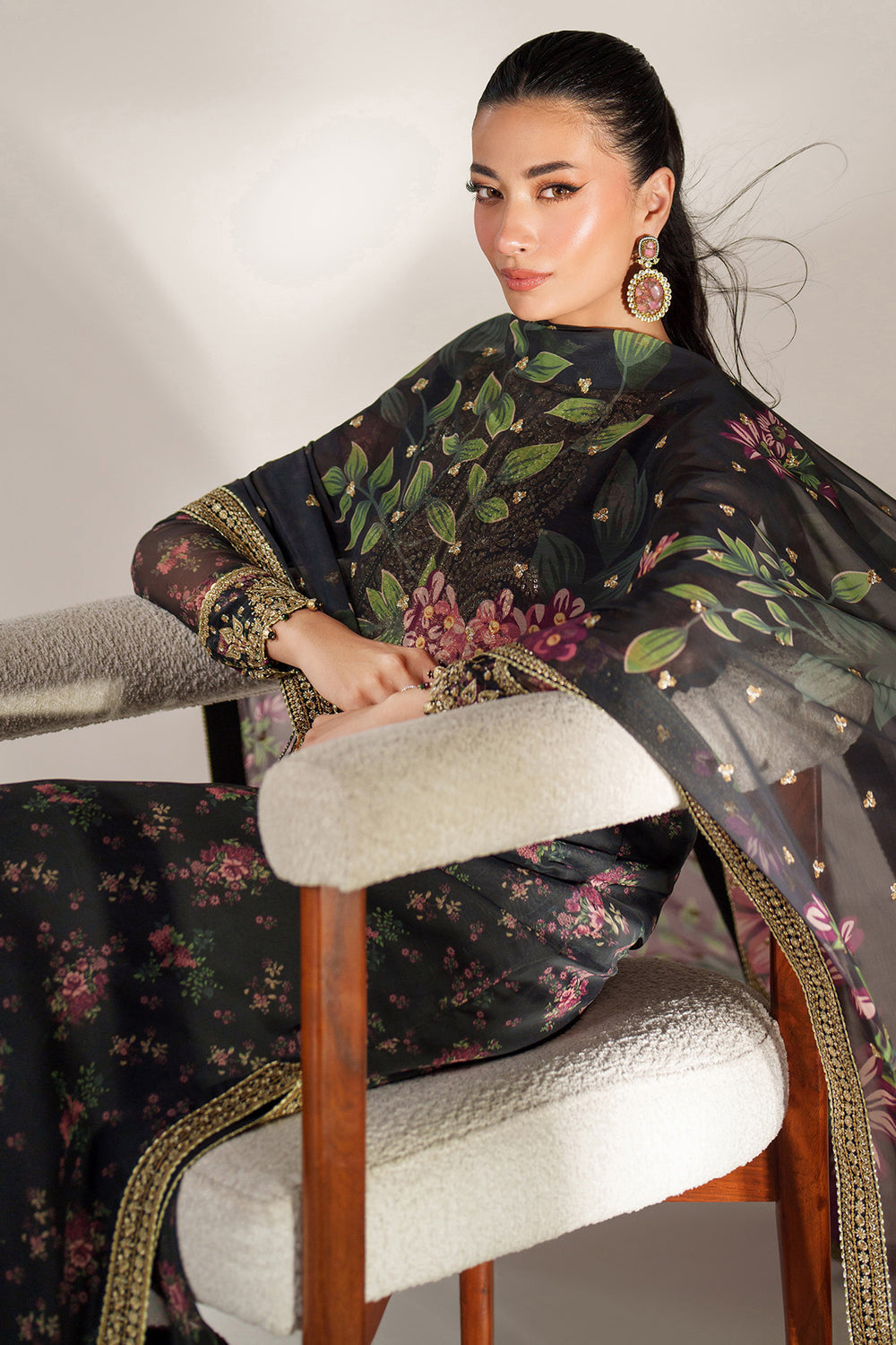 JAZMIN  | LUXURY MULTI DIGITAL PRINTED WITH HEAVY THREAD EMBROIDERED SEQUENCE WORK & HANGING TASSELS WORK CHIFFON DRESS | UNSTITCHED 3-PIECE SUIT | UC-3083