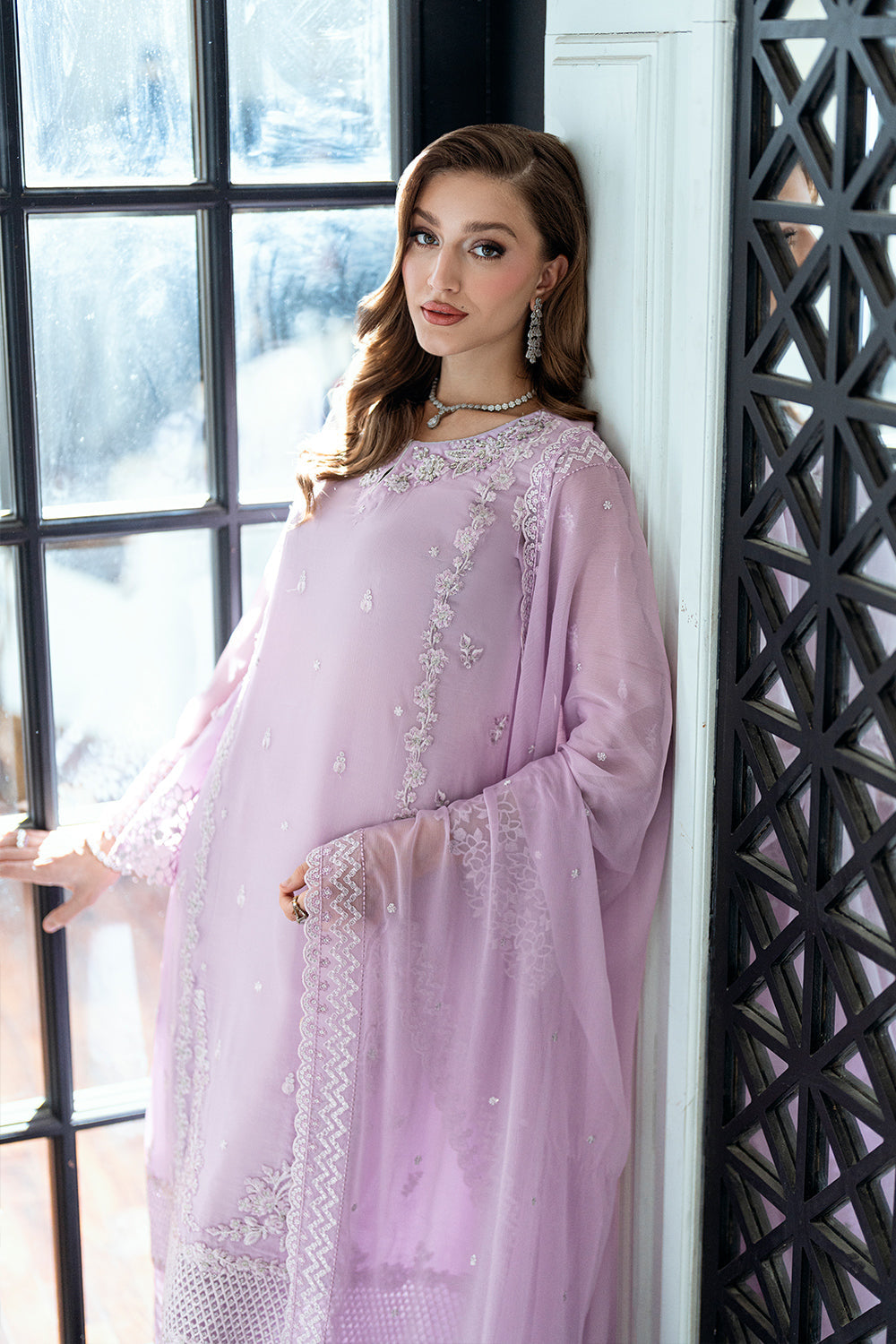DEWY LAVENDER BY AZURE FULLY HEAVY MULTI THREAD EMBROIDERED SEQUENCE WORK WITH HANGING TASSELS WORK & STONE WORK CHIFFON DRESS | UNSTITCHED 3-PIECE SUIT | I-01523