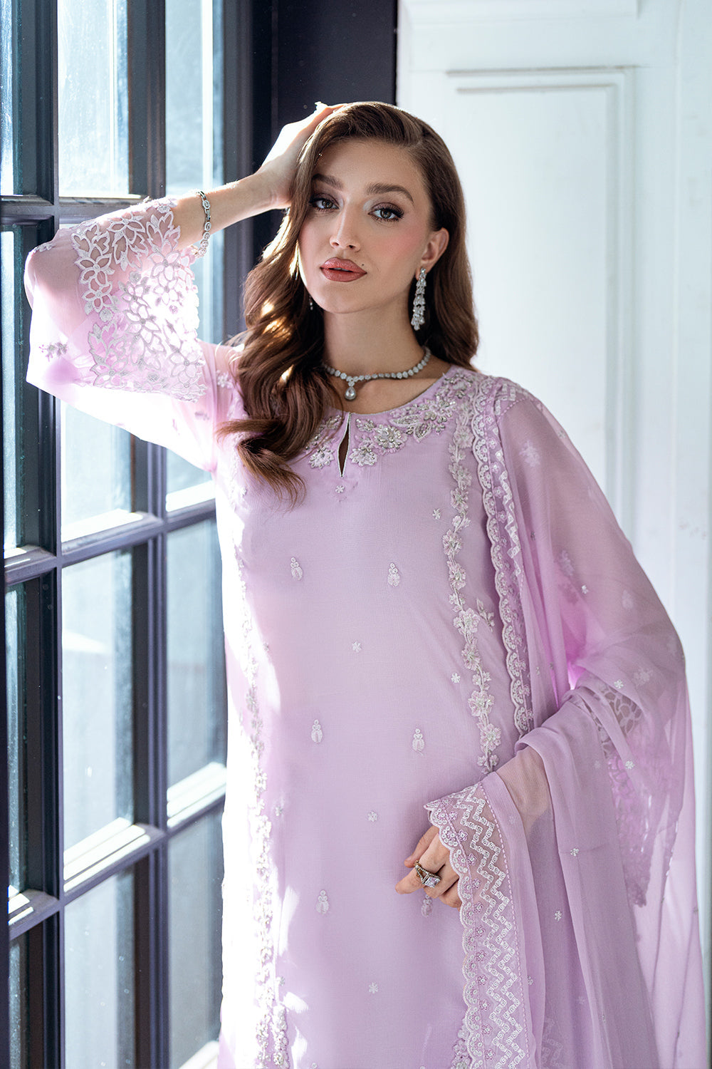 DEWY LAVENDER BY AZURE FULLY HEAVY MULTI THREAD EMBROIDERED SEQUENCE WORK WITH HANGING TASSELS WORK & STONE WORK CHIFFON DRESS | UNSTITCHED 3-PIECE SUIT | I-01523