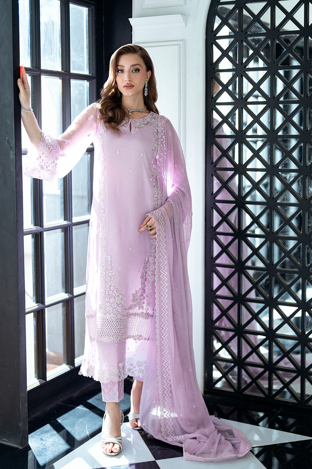 DEWY LAVENDER BY AZURE FULLY HEAVY MULTI THREAD EMBROIDERED SEQUENCE WORK WITH HANGING TASSELS WORK & STONE WORK CHIFFON DRESS | UNSTITCHED 3-PIECE SUIT | I-01523
