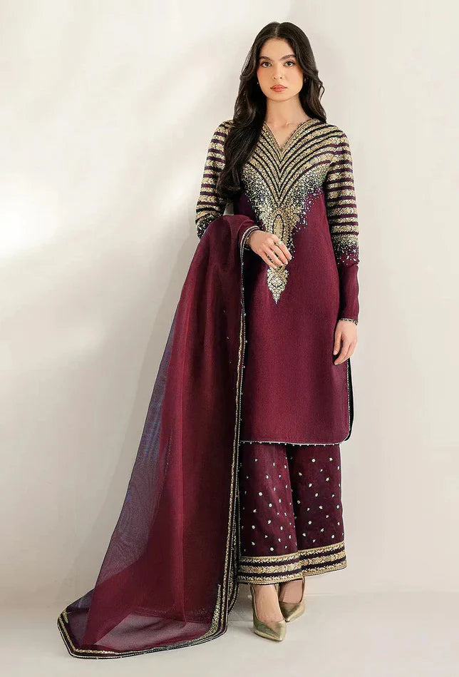 JAZMIN | LUXURY MAROON RAW SILK DRESS | FULLY HEAVY THREAD EMBROIDERED SEQUENCE WORK | UNSTITCHED 3-PIECE SUIT | UR 7056