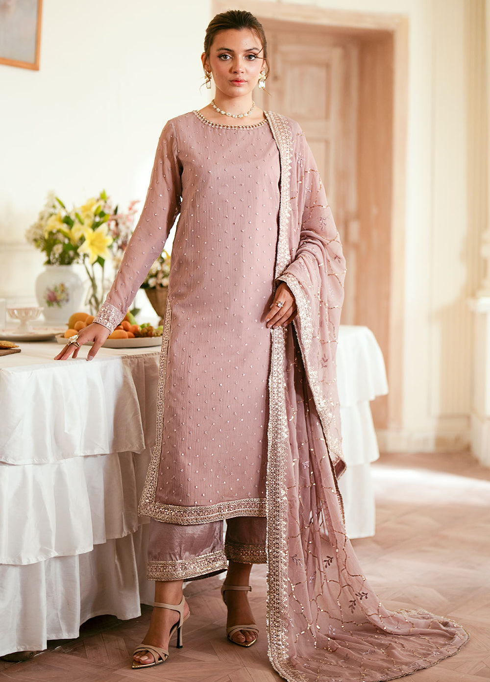 ELINOR BY SAHANE | LUXURY FULLY HEAVY THREAD EMBROIDERED SEQUENCE WORK & HANGING TASSELS WORK CHIFFON DRESS | UNSTITCHED 3-PIECE SUIT | EL-1802 ELORA
