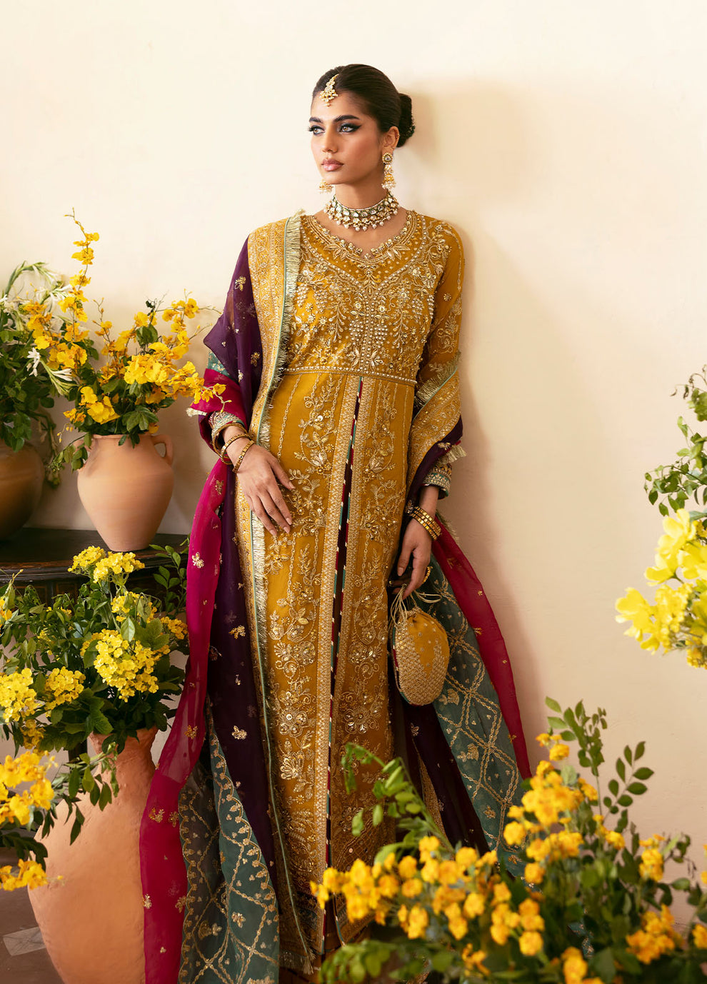 NAYAARA BY GULAAL | ELEGANTLY FULLY HEAVY HAND EMBELLISHMENT EMBROIDERED ORGANZA DRESS WITH ATTACHED STONE WORK, MOTI WORK & HANGING CRYSTAL TASSELS WORK| UNSTITCHED 3-PIECE SUIT | GL-WU-08