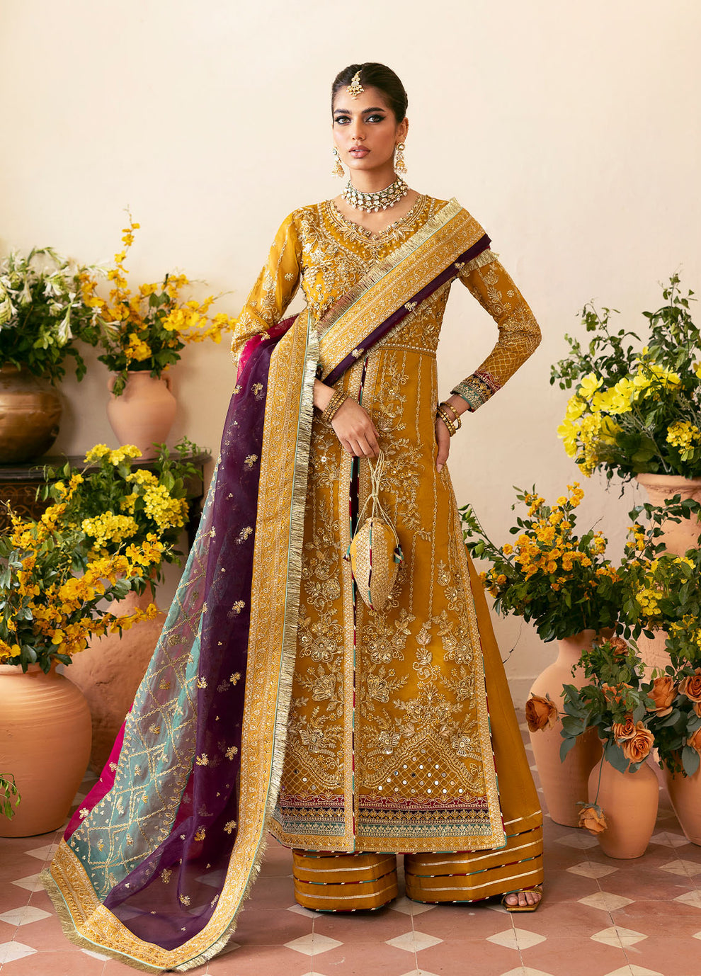 NAYAARA BY GULAAL | ELEGANTLY FULLY HEAVY HAND EMBELLISHMENT EMBROIDERED ORGANZA DRESS WITH ATTACHED STONE WORK, MOTI WORK & HANGING CRYSTAL TASSELS WORK| UNSTITCHED 3-PIECE SUIT | GL-WU-08