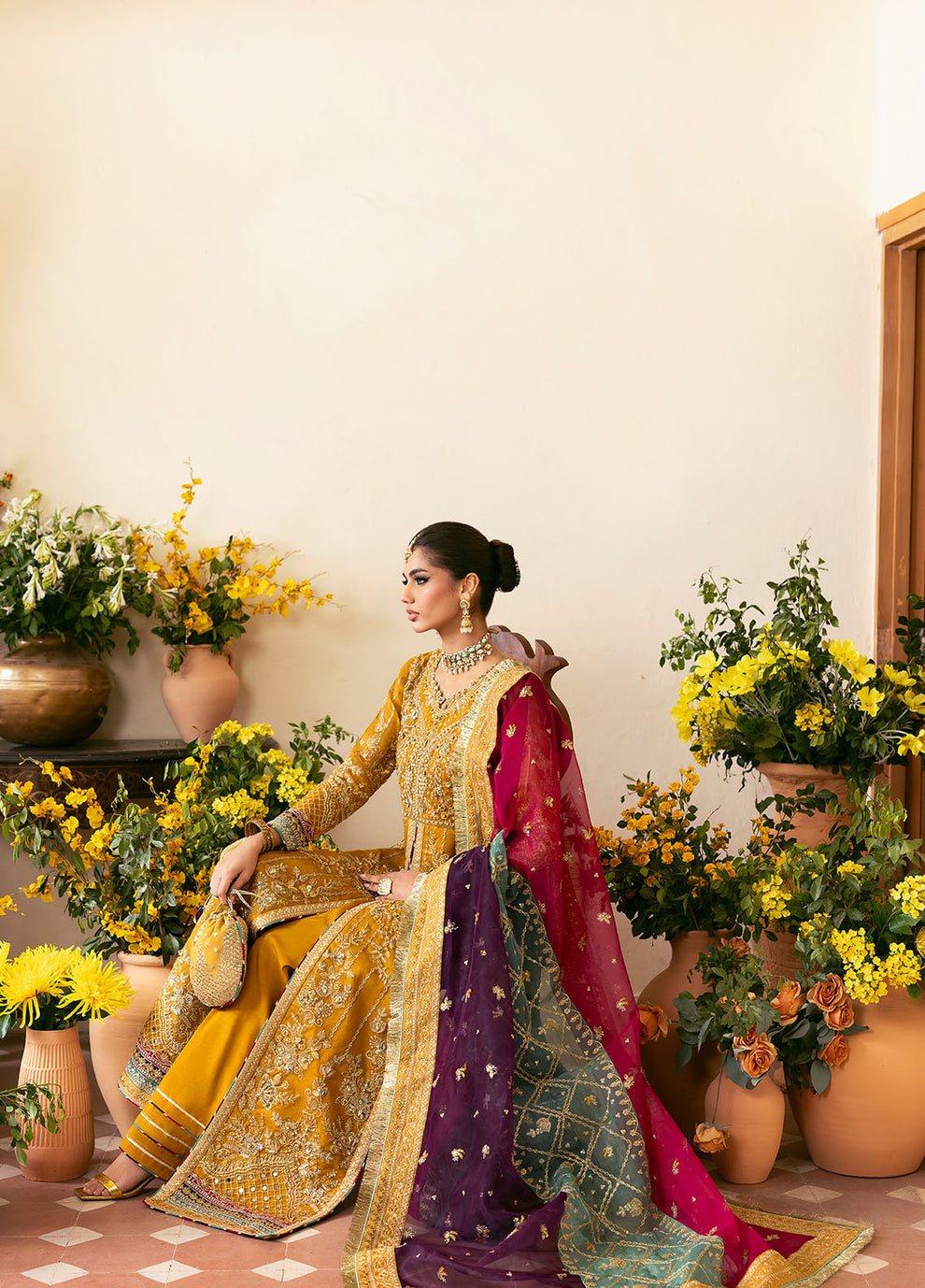 NAYAARA BY GULAAL | ELEGANTLY FULLY HEAVY HAND EMBELLISHMENT EMBROIDERED ORGANZA DRESS WITH ATTACHED STONE WORK, MOTI WORK & HANGING CRYSTAL TASSELS WORK| UNSTITCHED 3-PIECE SUIT | GL-WU-08