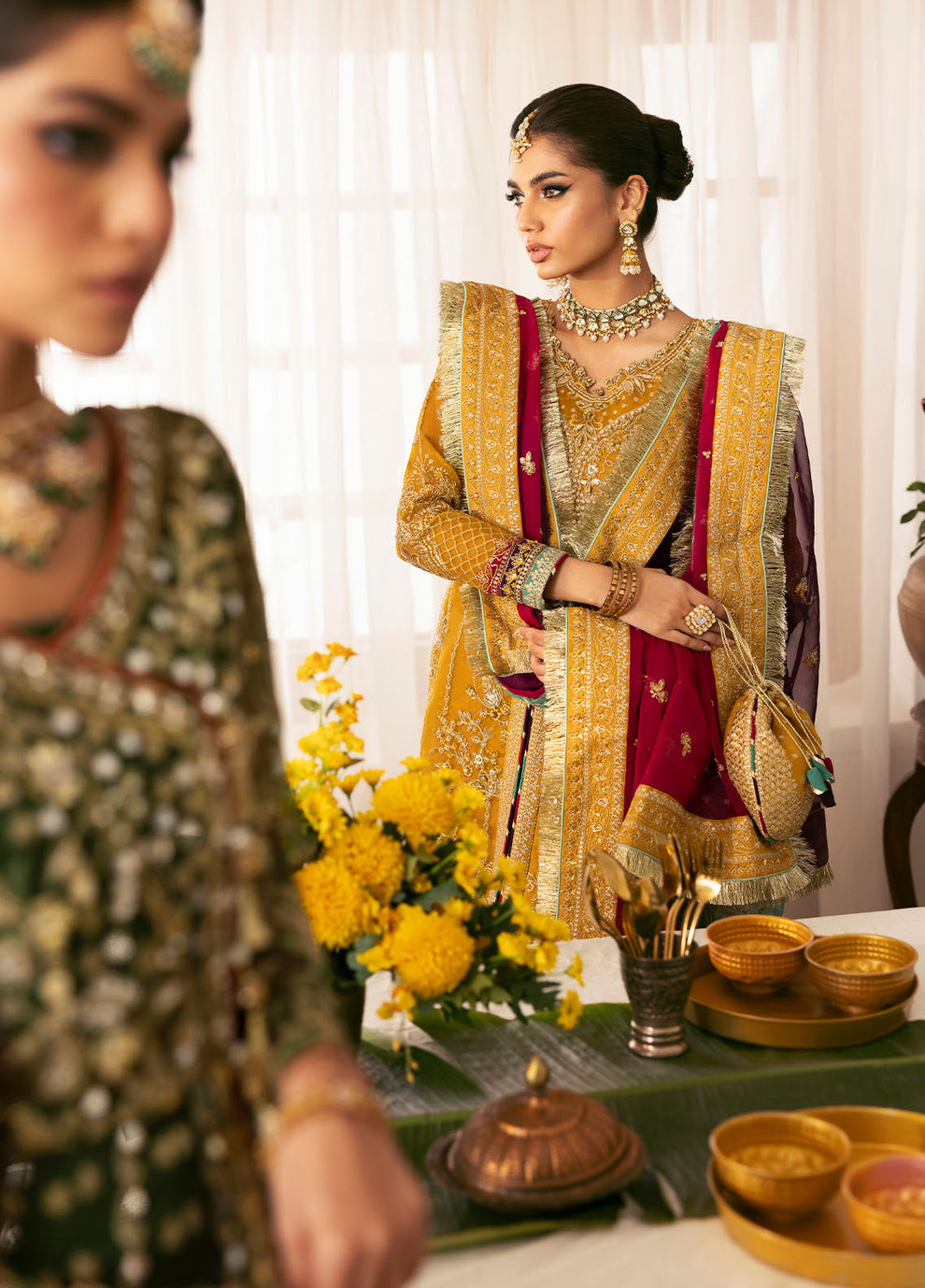 NAYAARA BY GULAAL | ELEGANTLY FULLY HEAVY HAND EMBELLISHMENT EMBROIDERED ORGANZA DRESS WITH ATTACHED STONE WORK, MOTI WORK & HANGING CRYSTAL TASSELS WORK| UNSTITCHED 3-PIECE SUIT | GL-WU-08
