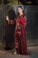 OCEANS BY ANEELAS | ELEGANTLY VELVET DRESS | FULLY HEAVY MULTI THREAD EMBROIDERED SEQUENCE WORK WITH HANGING TASSELS WORK | UNSTITCHED 3-PIECE SUIT | MAROON